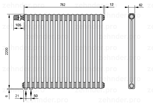 Схема (чертеж) Радиатор Zehnder Charleston 2220/17 №V001 Белый глянцевый RAL 9016